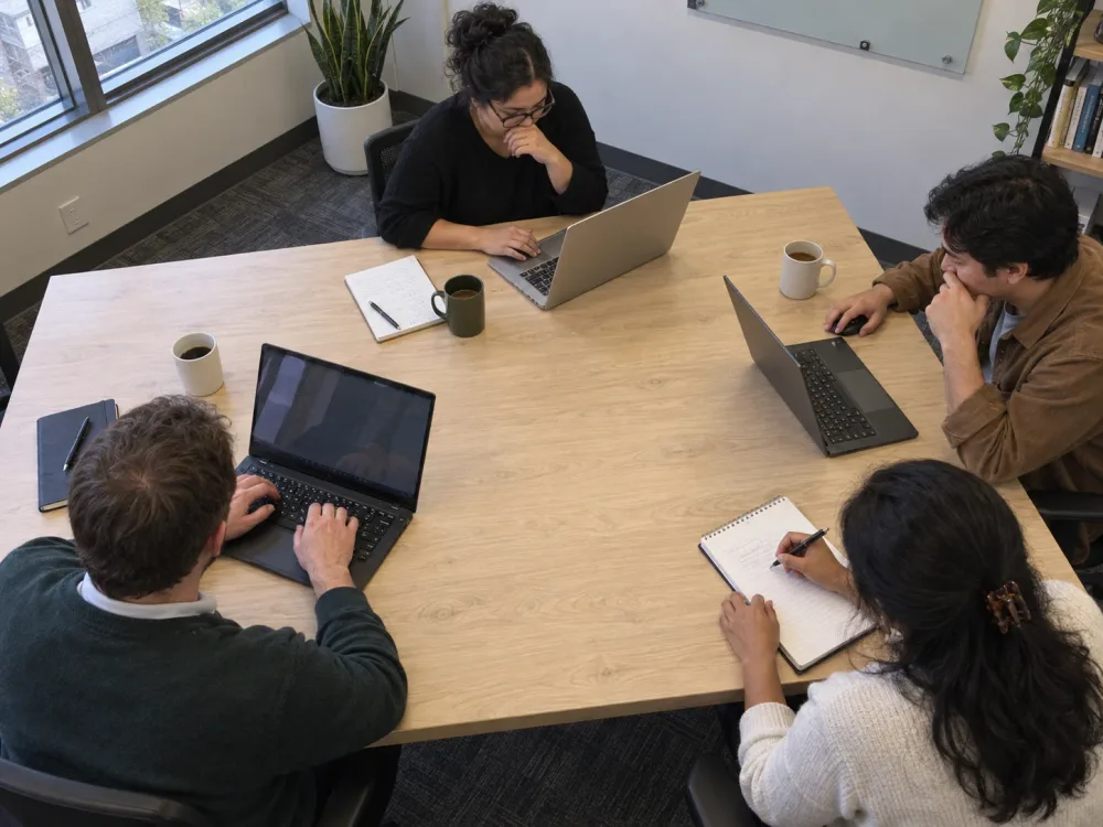 Four colleagues working with laptops and notebooks around a large meeting table.